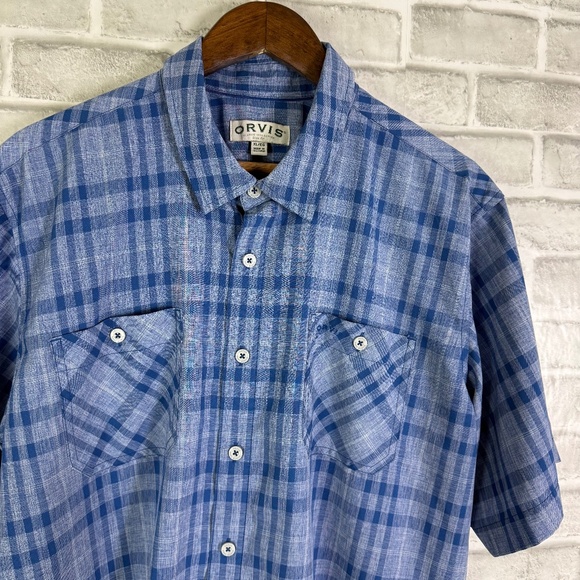 Orvis Cobalt Blue Plaid 100% Polyester Button Up Short Sleeve Shirt Mens XL - Picture 1 of 7
